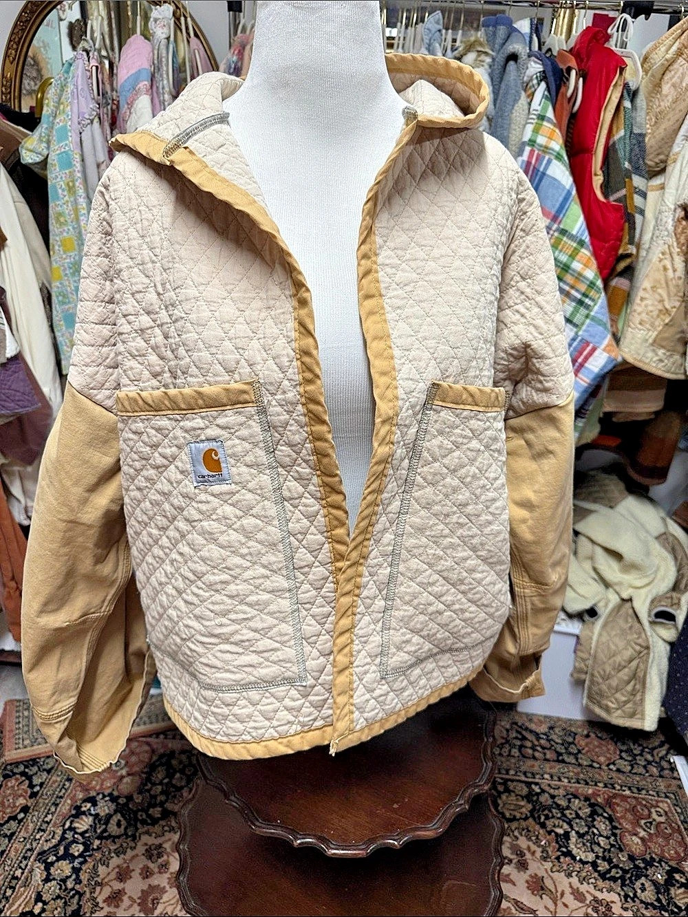 One of one handmade upcycled quilt Carhartt Quilted Hooded Utility Jacket